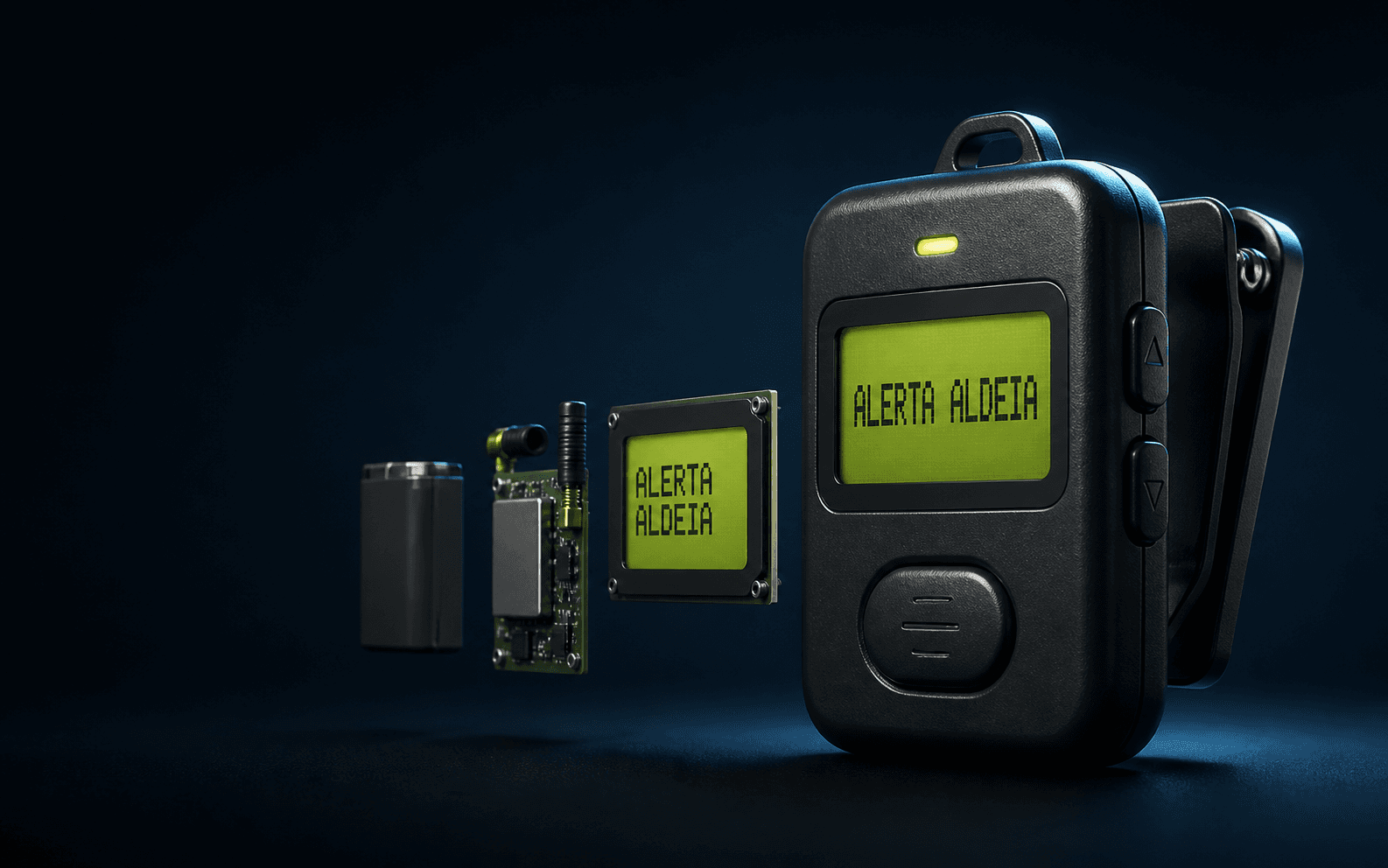 Pager PontoTi Warn com visor de alerta, clip de cinto e peças internas