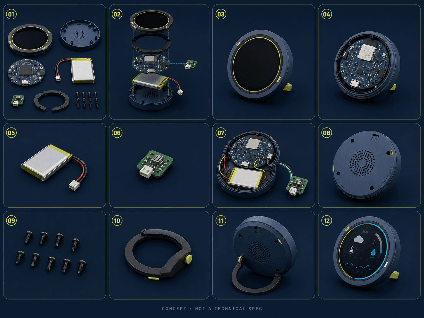 Prancha conceptual com doze passos de montagem do Orb